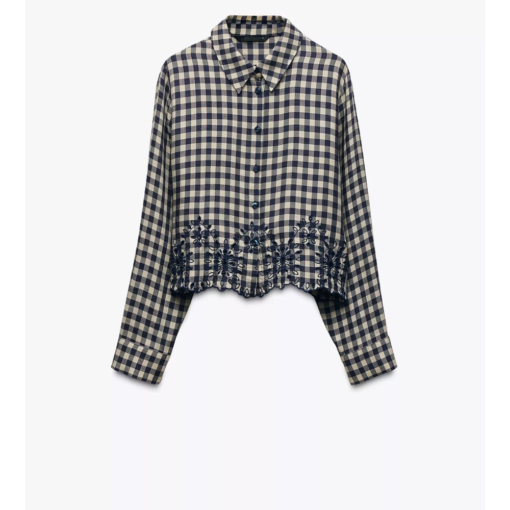 ZARA Checkered Button-Up Shirt with Embroidered Hem NWT